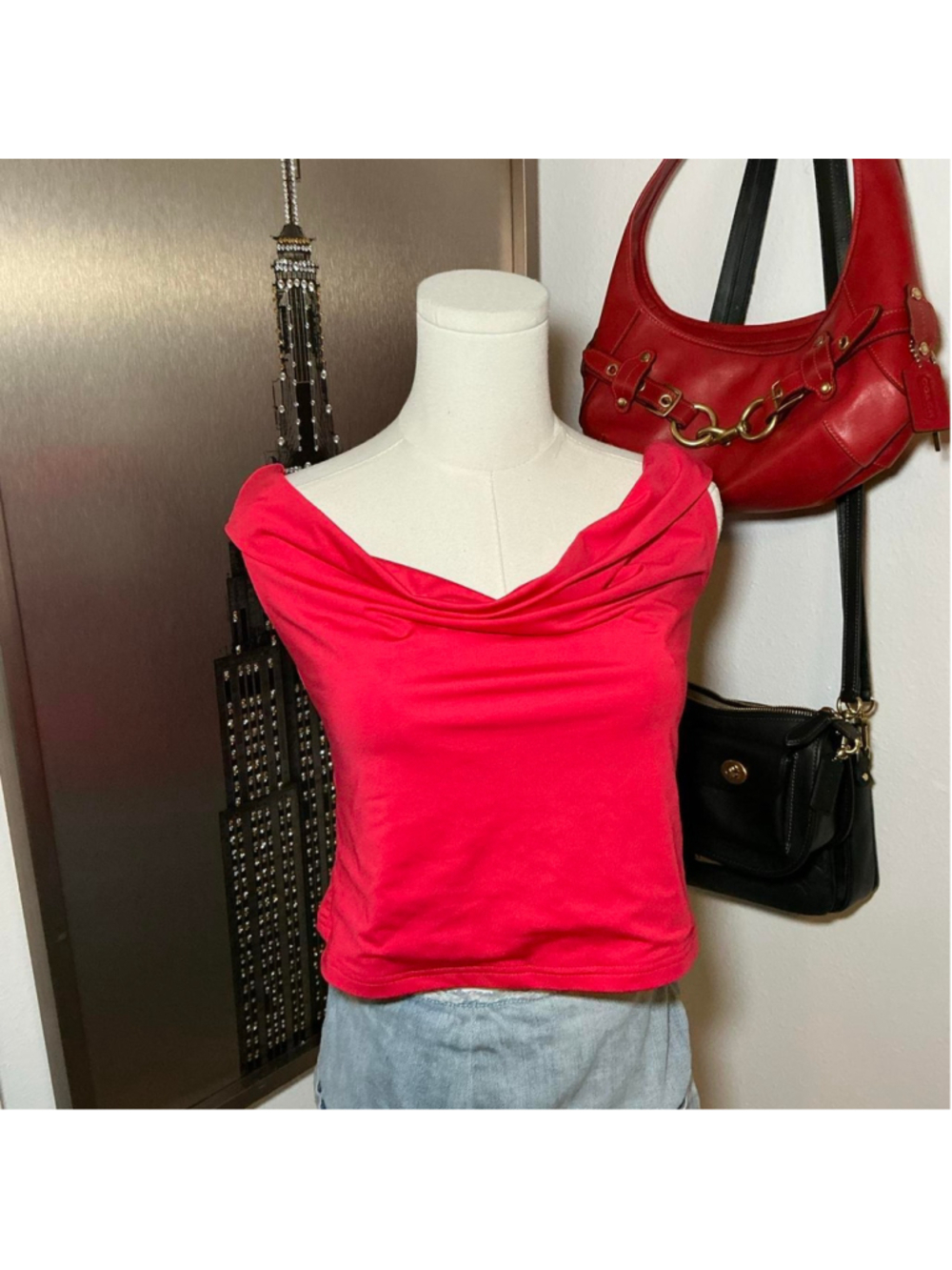 Edikted Red Cowl Neck Off Shoulder Top Size Large Y2K
